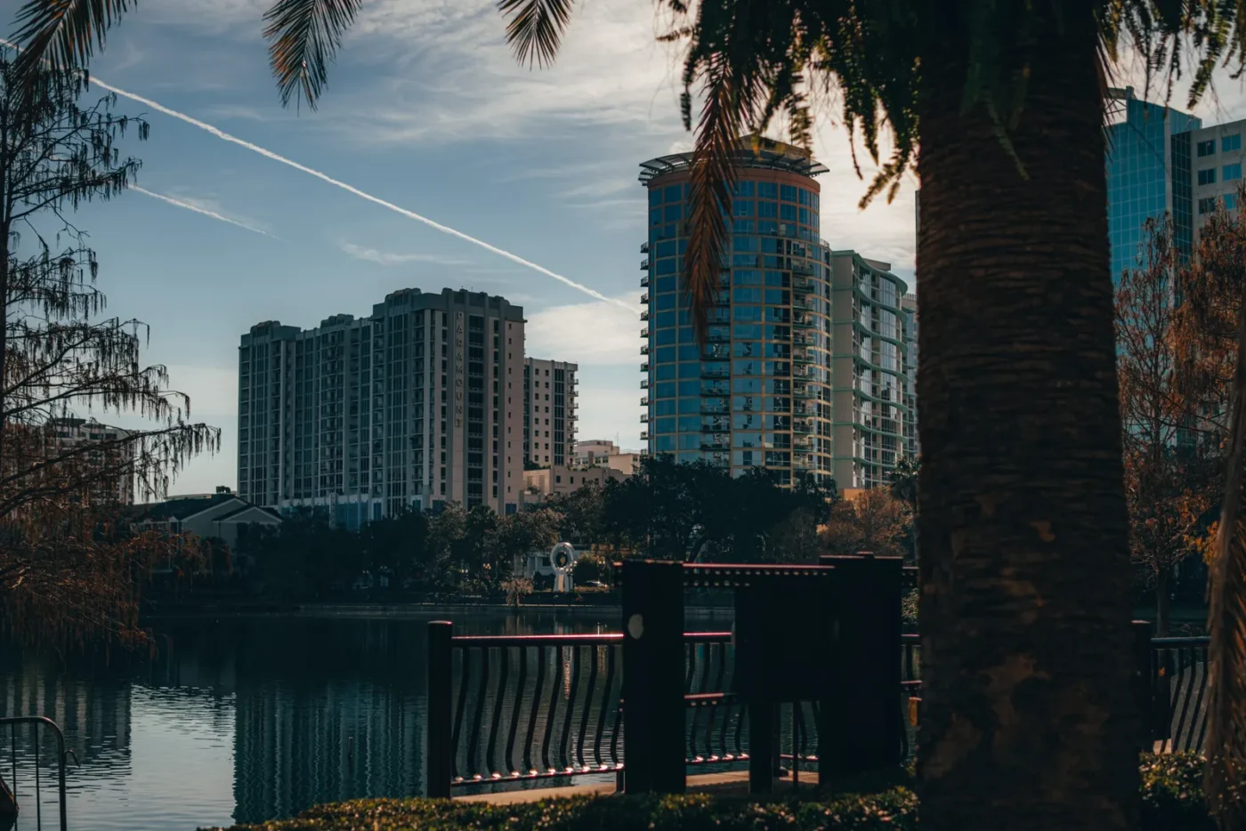 Downtown Orlando skyline over a lake